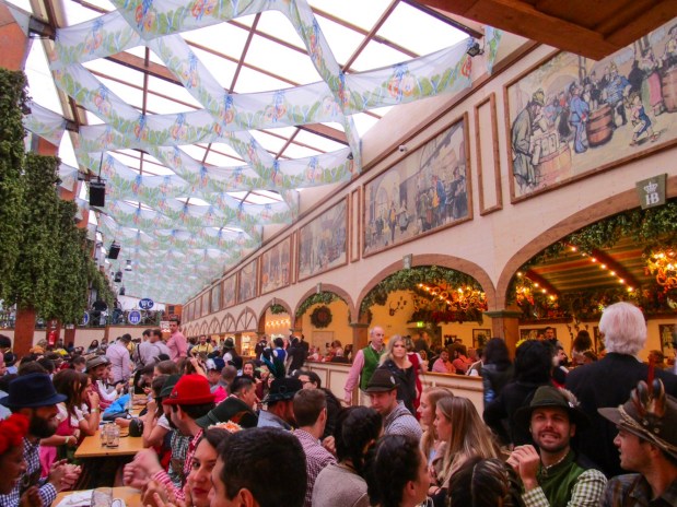Inside the Hofbräu Festzelt beer tent at Oktoberfest, Munich